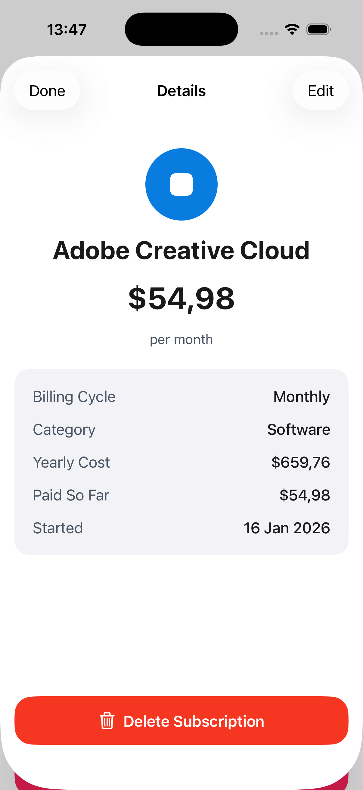 MySubscribe details screen