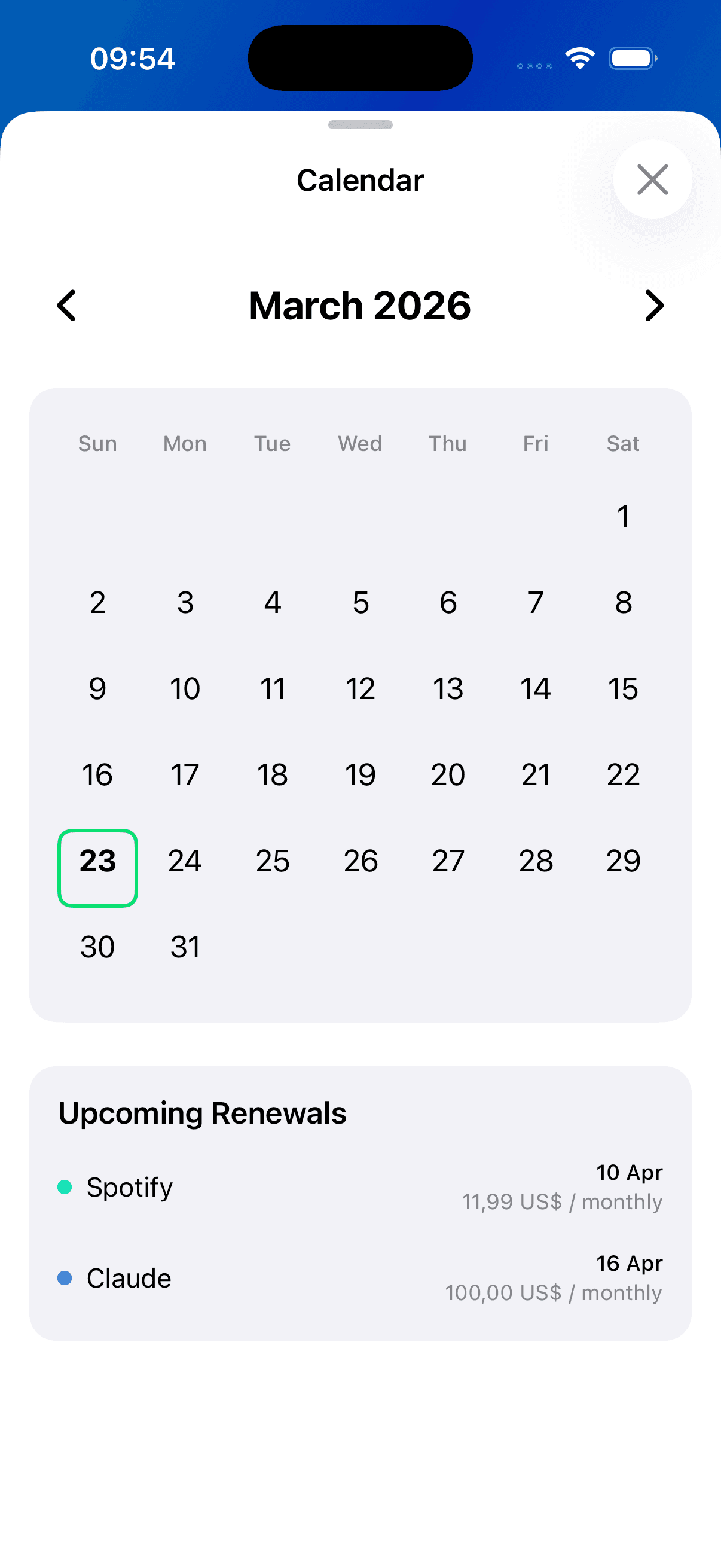 Subscription renewals calendar view in MySubscribe app showing monthly and yearly subscriptions